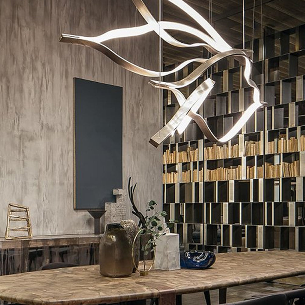 Kasusal LED Linear Minimalist Wave Golden Leaf Shaped Pendant Light