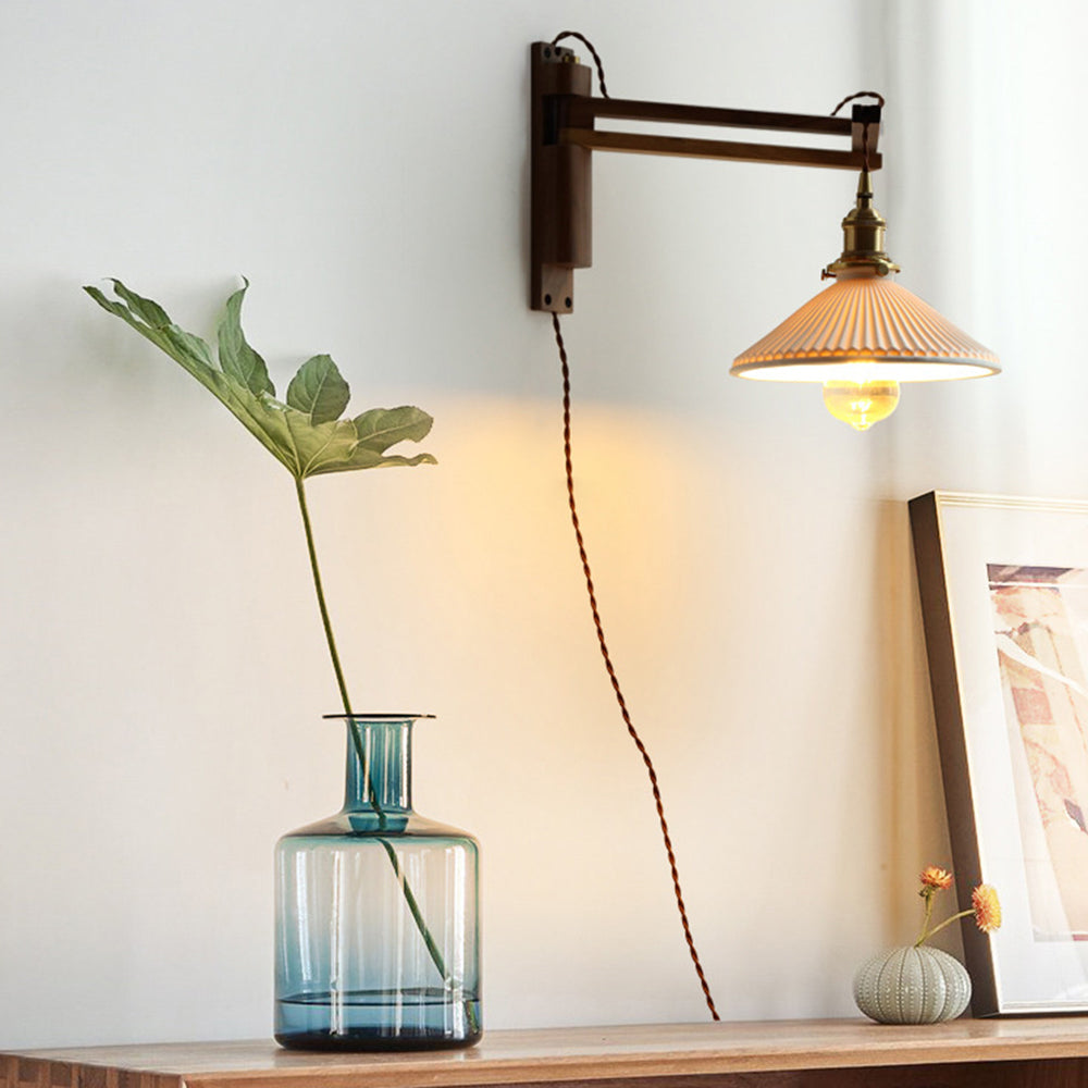 Cilepim Vintage Dome Ceramic/Wood Wall Lamp, Walnut/Wood/Clear
