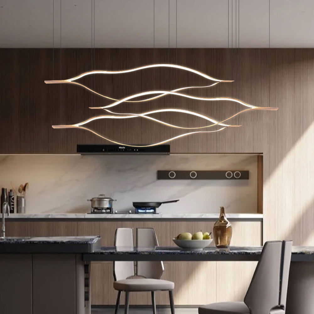 Kasusal LED Linear Minimalist Wave Golden Leaf Shaped Pendant Light