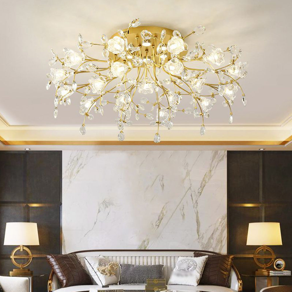 Tokibet Art Deco Elegant Golden Crystal Flower Flush Mount Ceiling Light