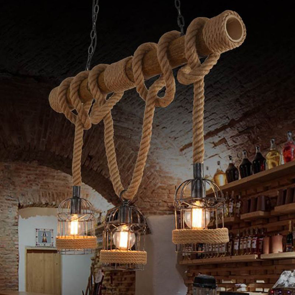 Helamed Vintage 3 Heads Wood Rope Pendant Light