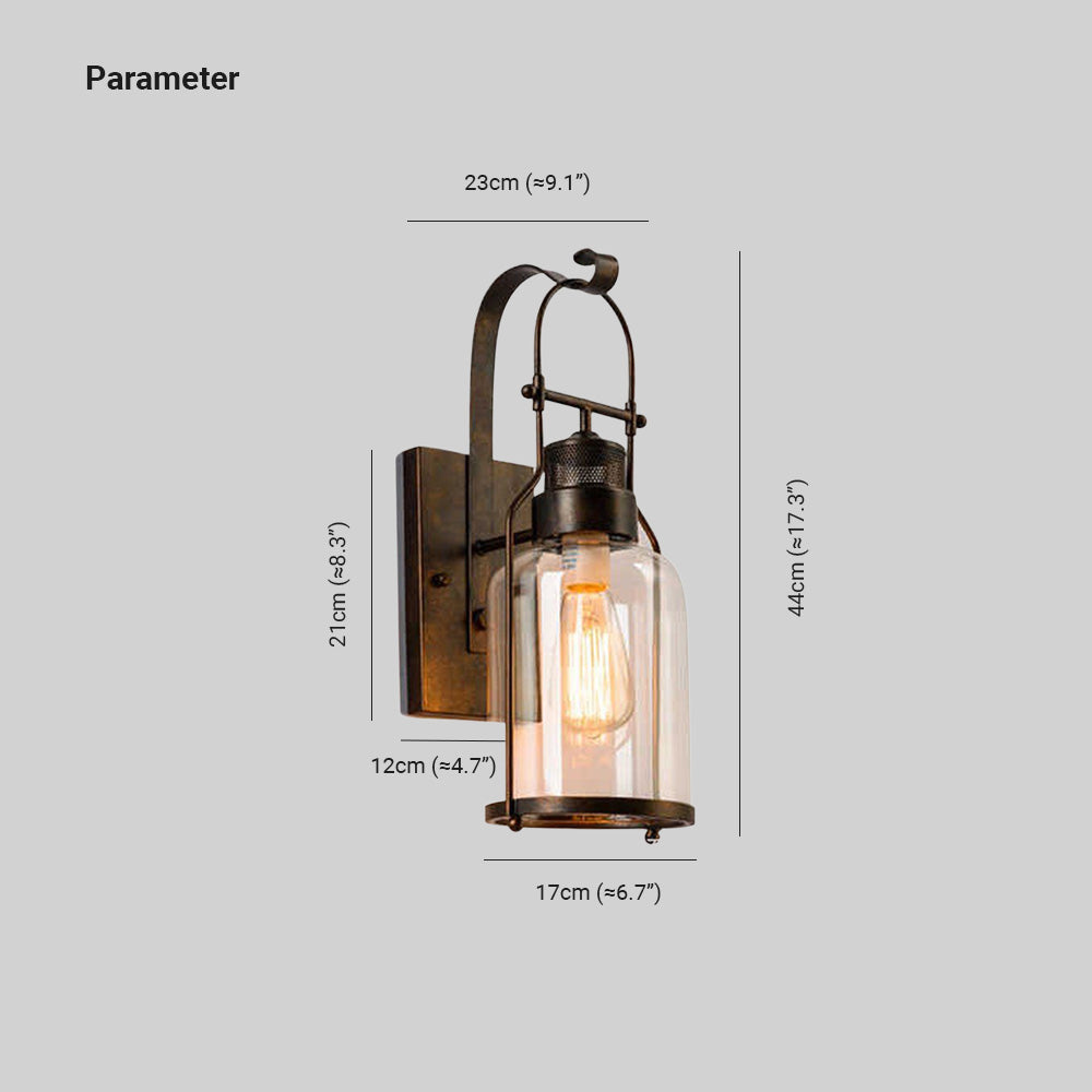 Fekutos Vintage Lantern Glass/Metal Wall Lamp, Black/Rusty