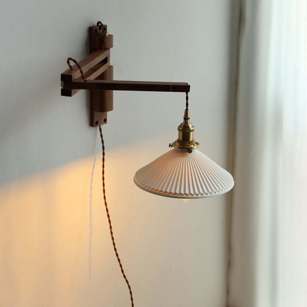 Cilepim Vintage Dome Ceramic/Wood Wall Lamp, Walnut/Wood/Clear