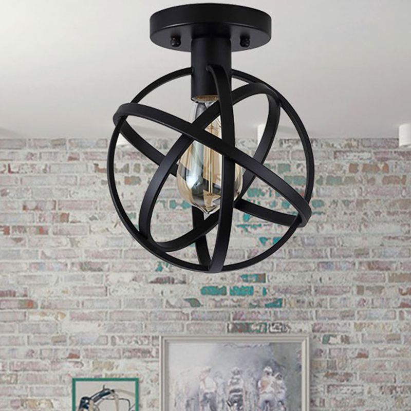 Dulonir Retro Globe Lantern Metal Flush Mount Ceiling Light, Balck