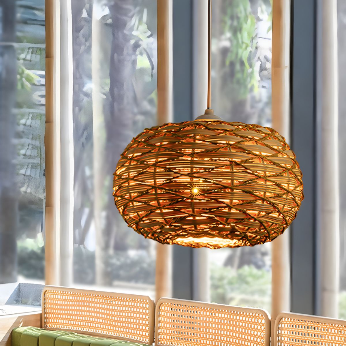 Fosolir Boho Retro LED Pendant Light Wood Rattan Bedroom/Restaurant