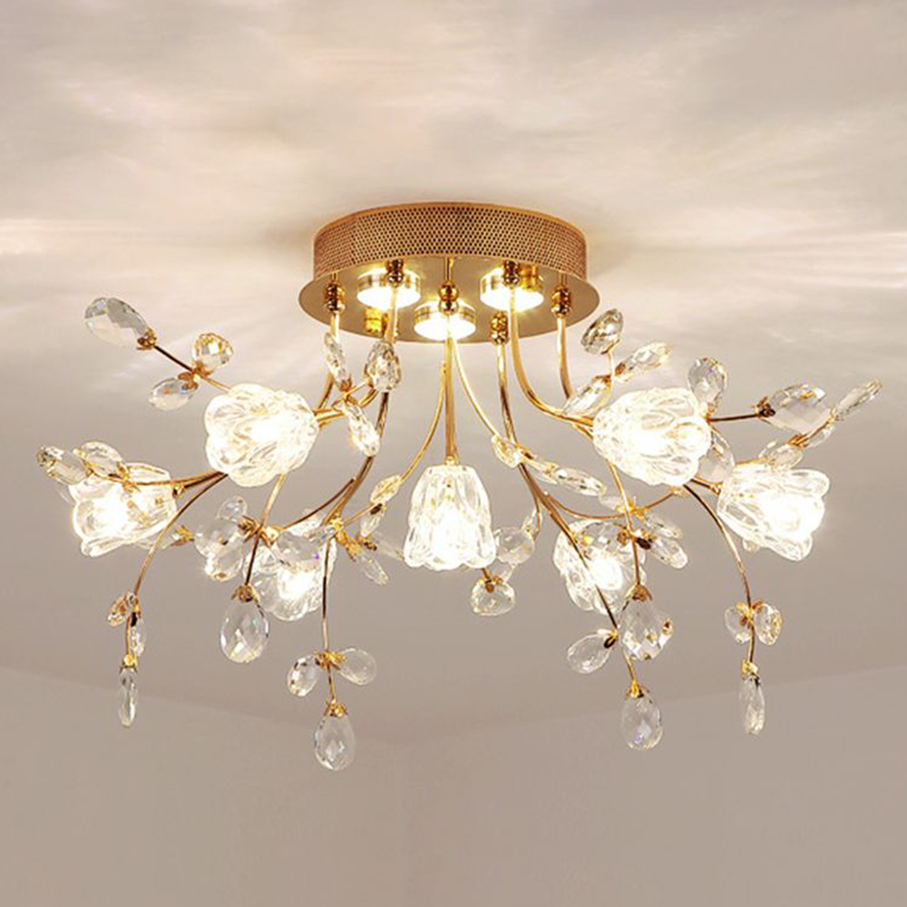 Tokibet Art Deco Elegant Golden Crystal Flower Flush Mount Ceiling Light