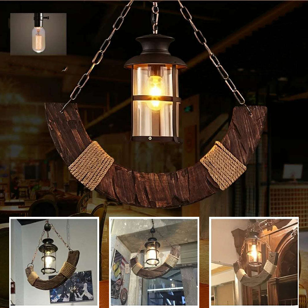 Vubunel Retro Rustic Arc Metal/Wood Lantern Glass Pendant Light