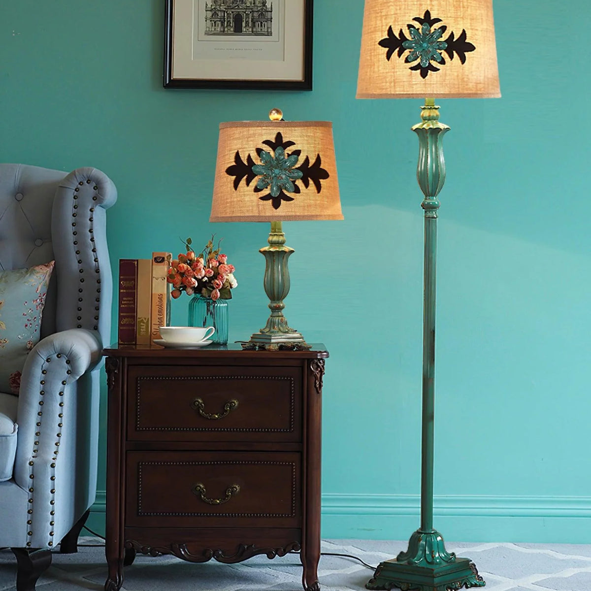 Kodapun Floor Lamp Table Vintage, Metal/Resin, Green, Living Room