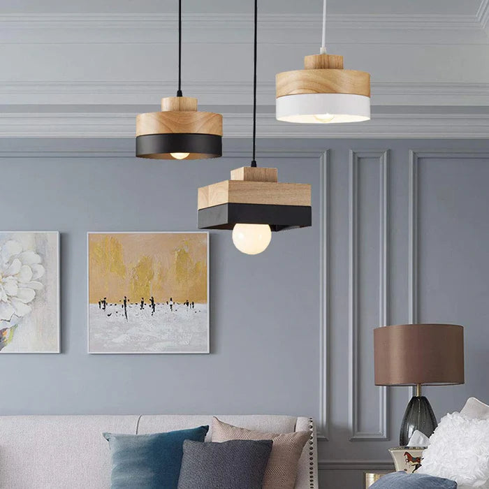 Mepides Minimalist Black & White Wood Geometric Pendant Light