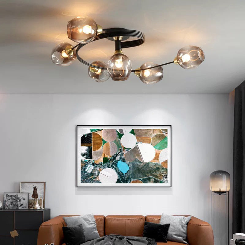 Panavuk Flush Mount Ceiling Light, Glass, Black/Gold, Dining Room