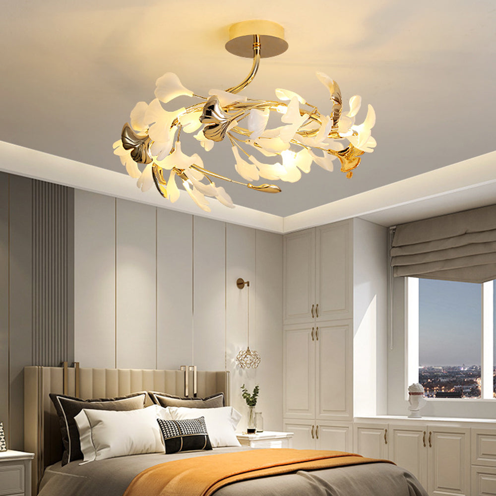Tugikem Elegant Leaf Ceramic/Metal Flush Mount Ceiling Light, Gold