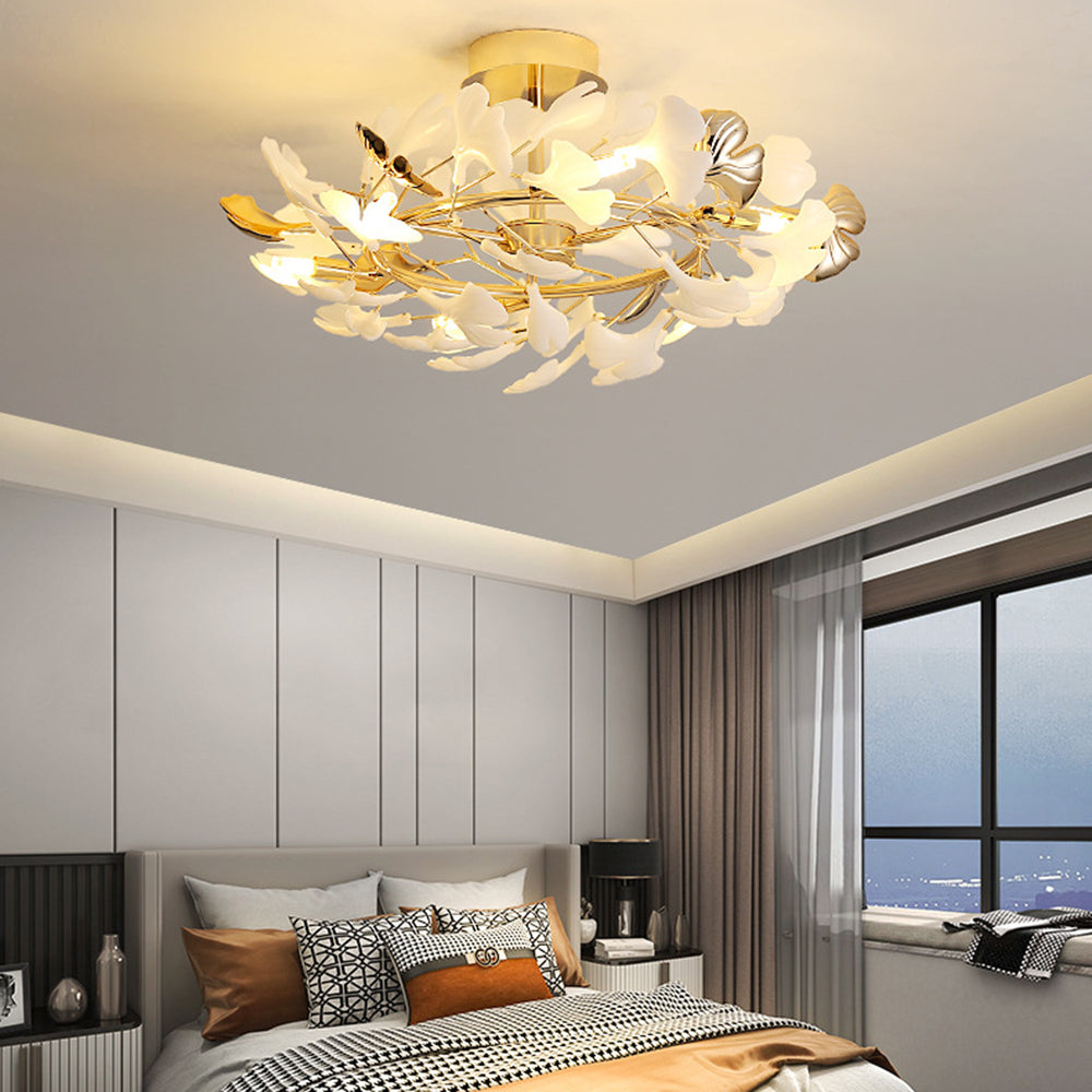 Tugikem Elegant Leaf Ceramic/Metal Flush Mount Ceiling Light, Gold