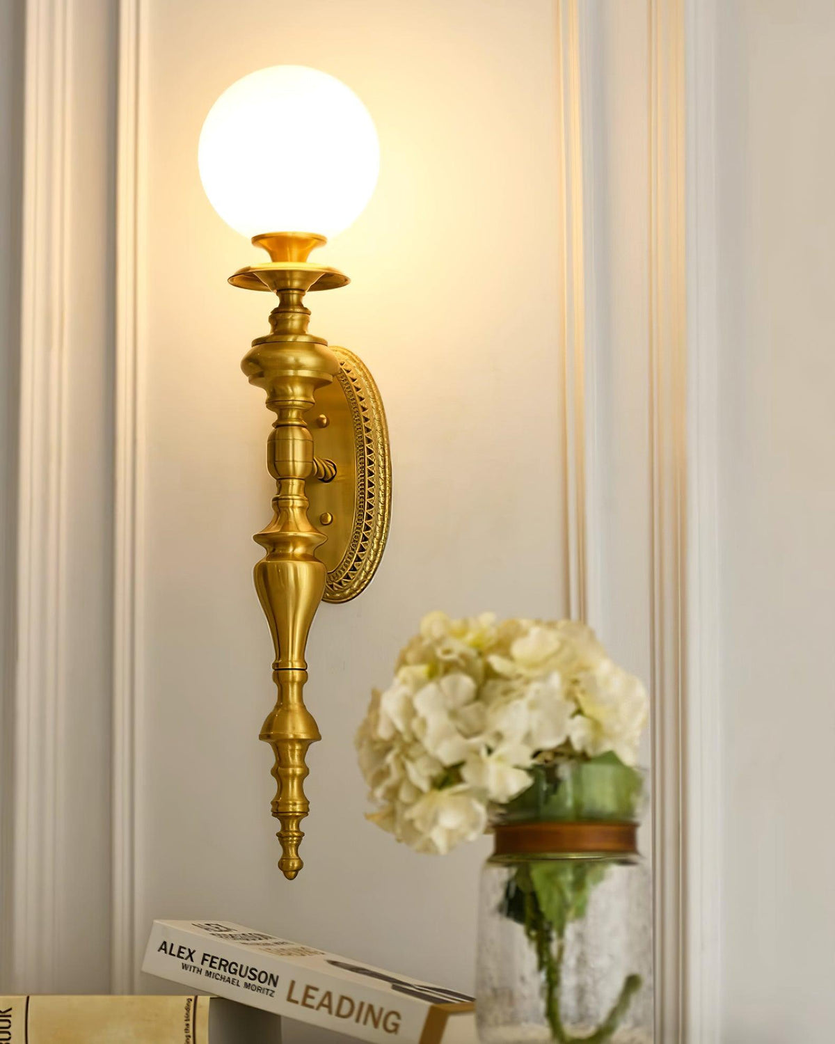 Wall Lamp Sculpted Brass Body Globe Shade Classic Elegant Statement