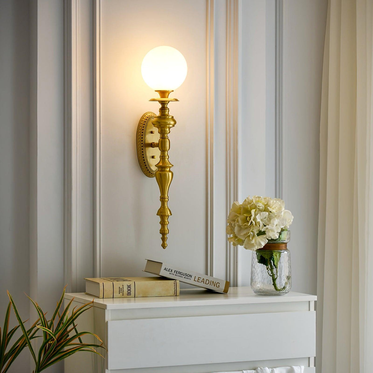 Wall Lamp Sculpted Brass Body Globe Shade Classic Elegant Statement