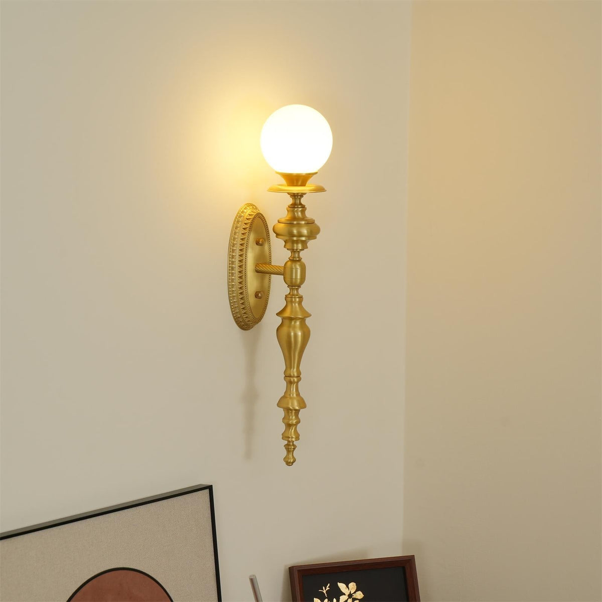 Wall Lamp Sculpted Brass Body Globe Shade Classic Elegant Statement