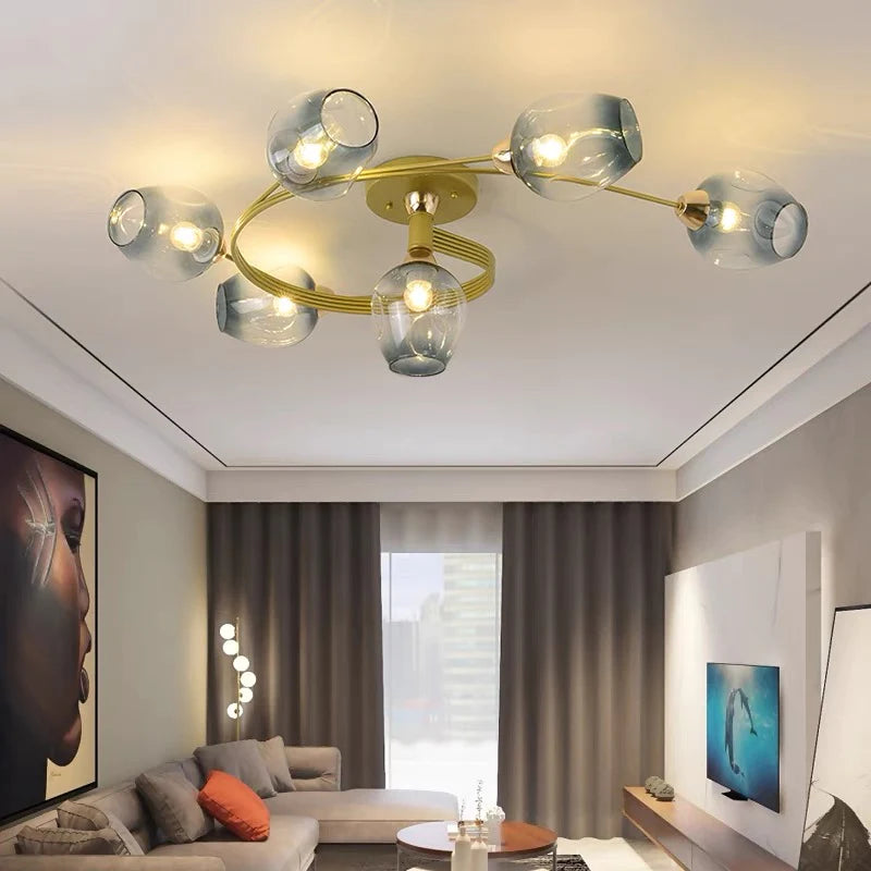 Panavuk Flush Mount Ceiling Light, Glass, Black/Gold, Dining Room