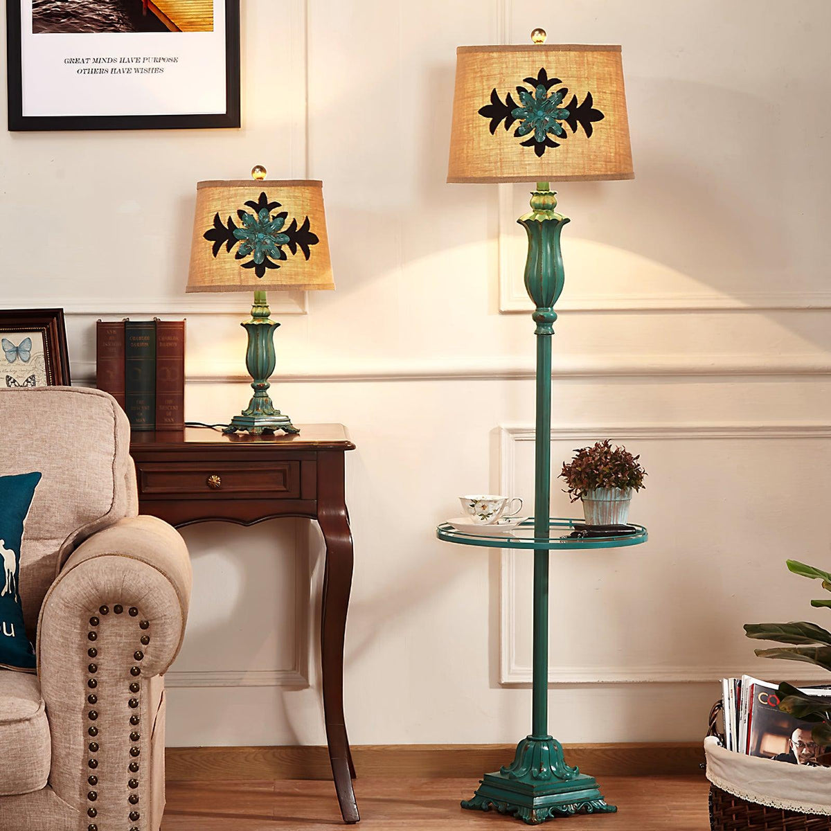 Kodapun Floor Lamp Table Vintage, Metal/Resin, Green, Living Room