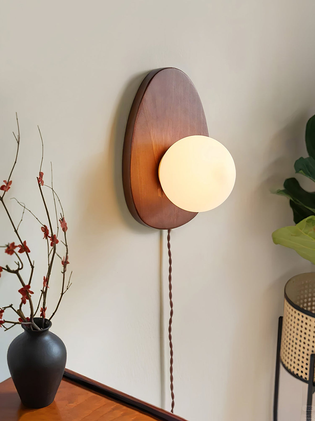 Nylaeiel Nordic Art Plug-in Walnut Glass Wood Wall Lamp