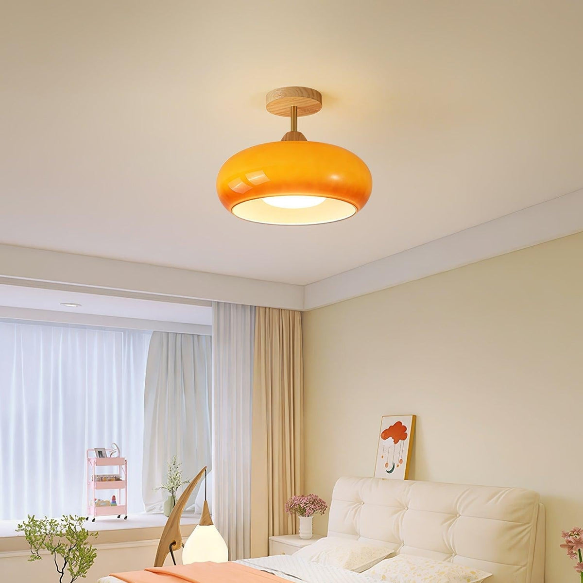 Wukugis Flush Mount Ceiling Light Glass Wood &Orange&White
