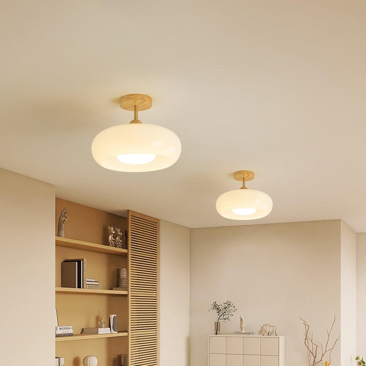 Wukugis Flush Mount Ceiling Light Glass Wood &Orange&White