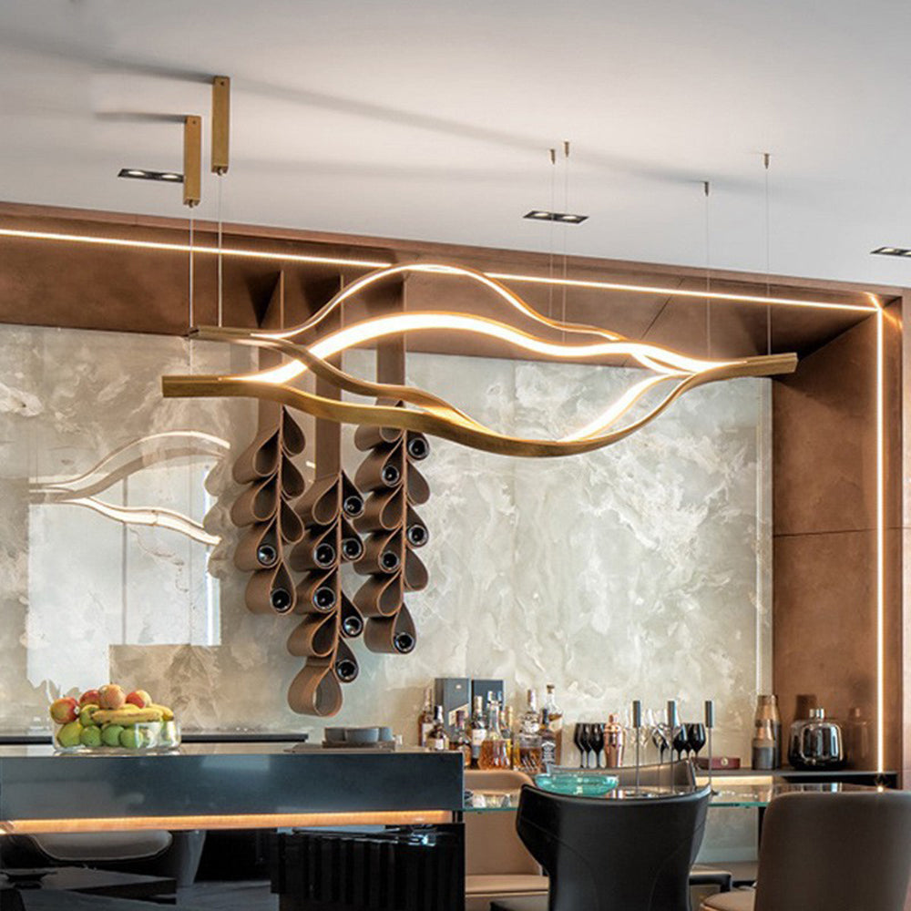 Kasusal LED Linear Minimalist Wave Golden Leaf Shaped Pendant Light