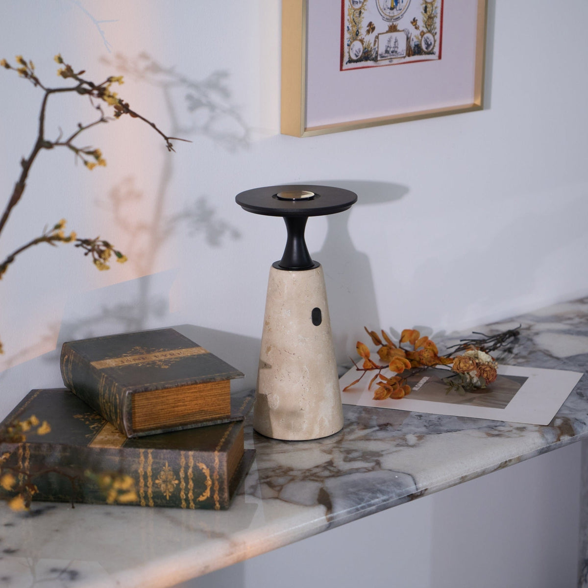 Vespera Sculptural Travertine Table Lamp