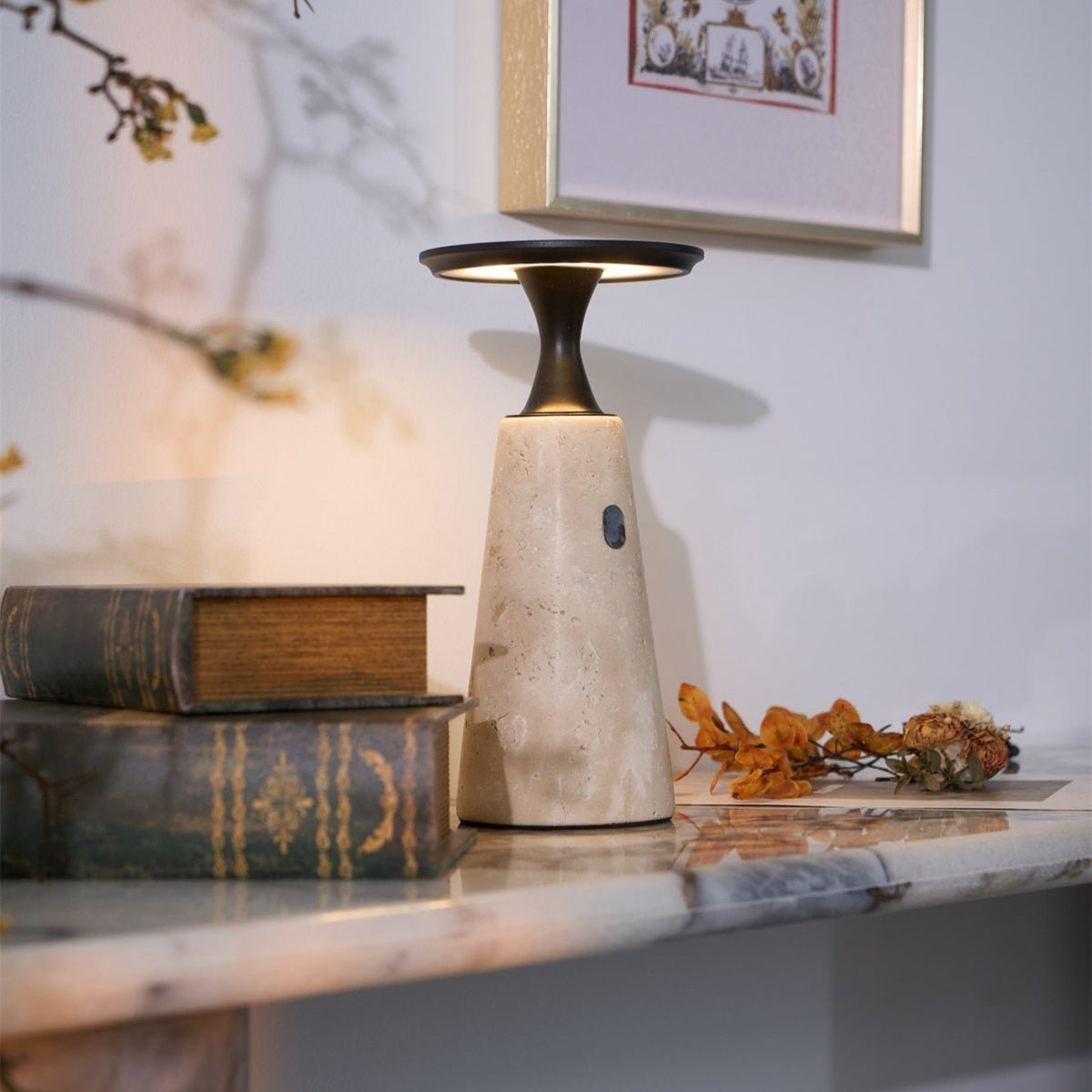 Vespera Sculptural Travertine Table Lamp