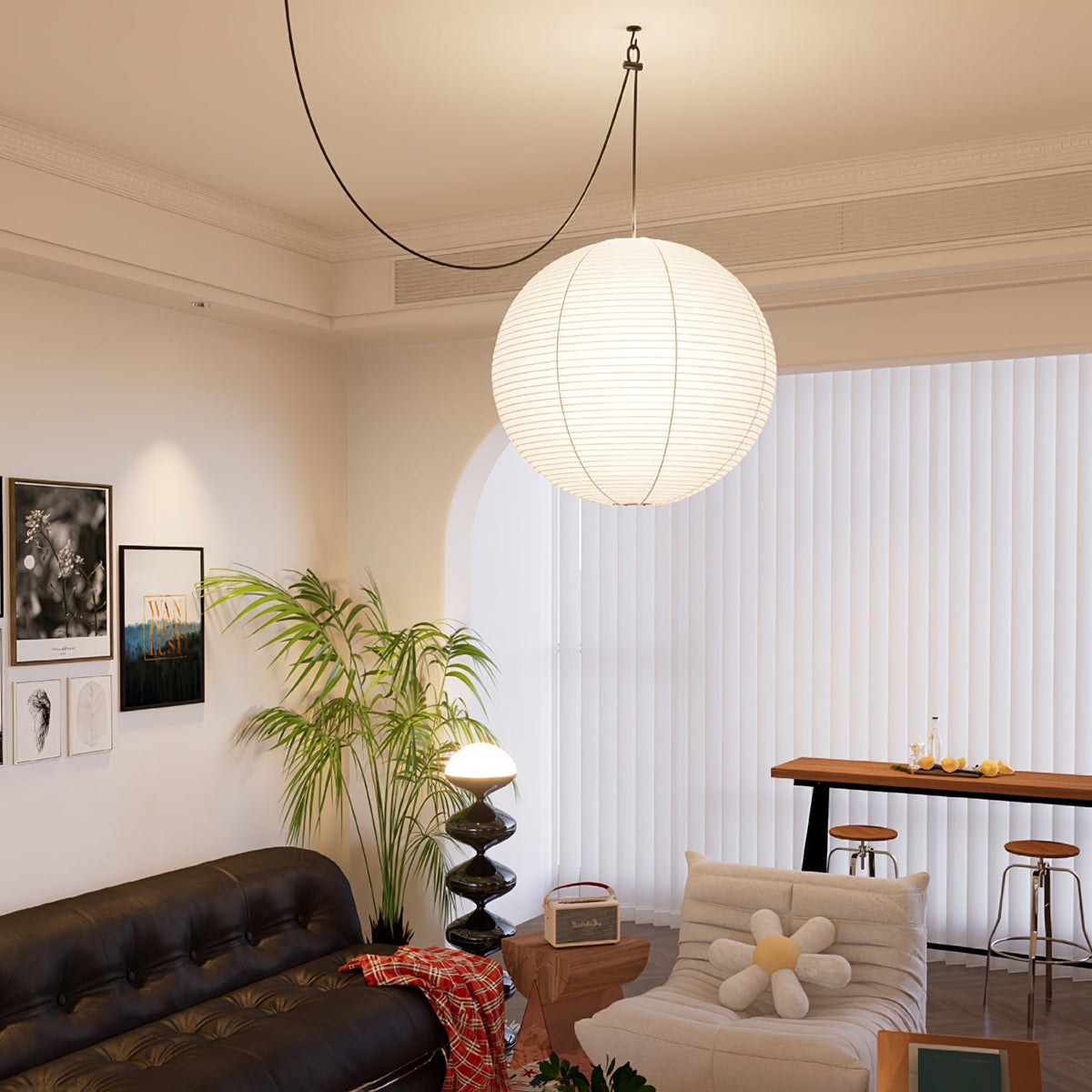 Vaelion Japanese Paper Pendant Swag Light (black plug wire)