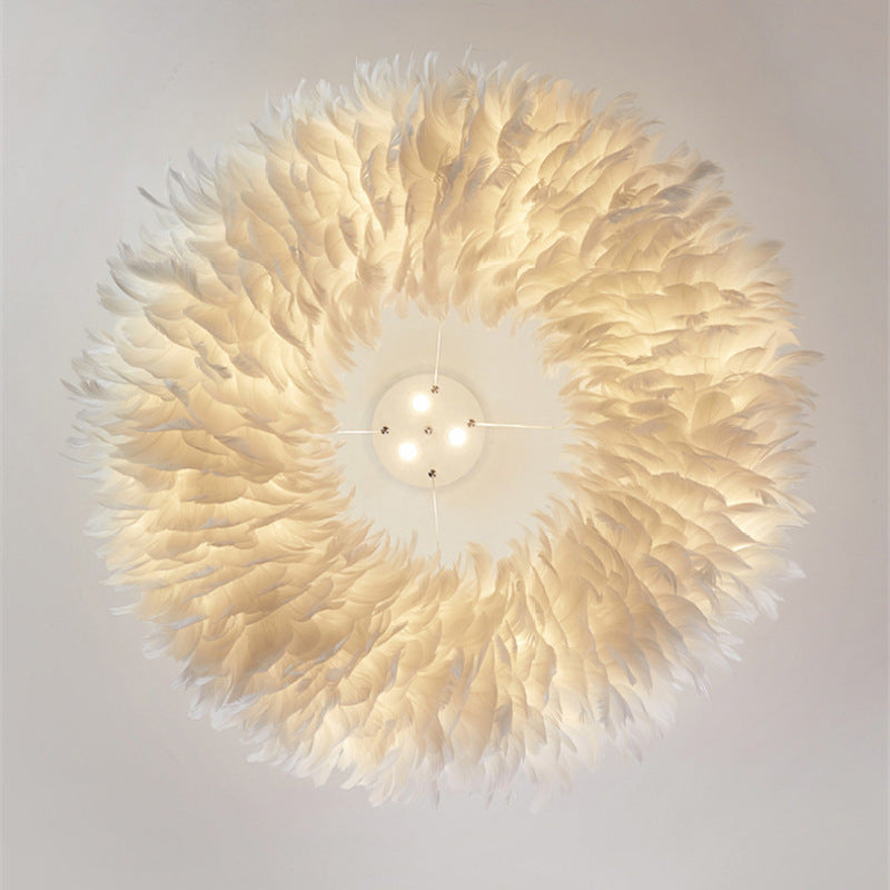 Libitun Romantic Ring Feather/Metal Pendant Light, Natural Ostrich