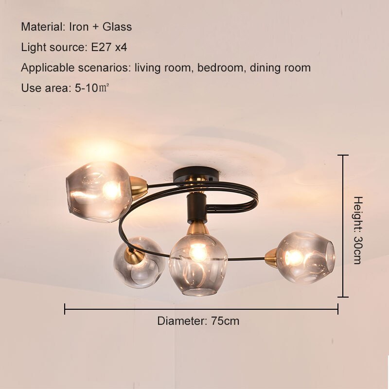 Panavuk Flush Mount Ceiling Light, Glass, Black/Gold, Dining Room