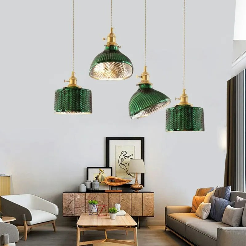 Jisikus Retro LED Pendant Light Metal Green Glass Dining Room