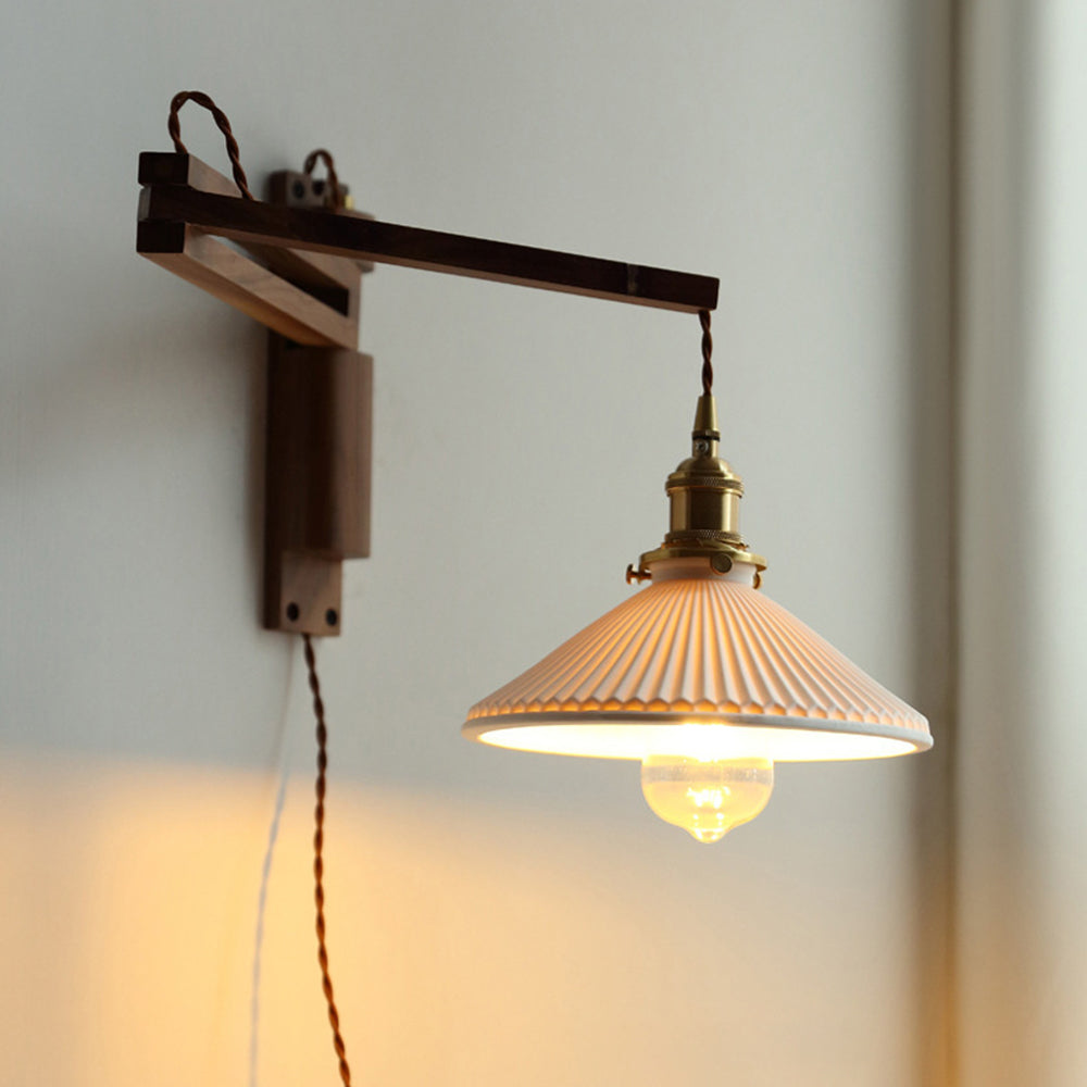 Cilepim Vintage Dome Ceramic/Wood Wall Lamp, Walnut/Wood/Clear