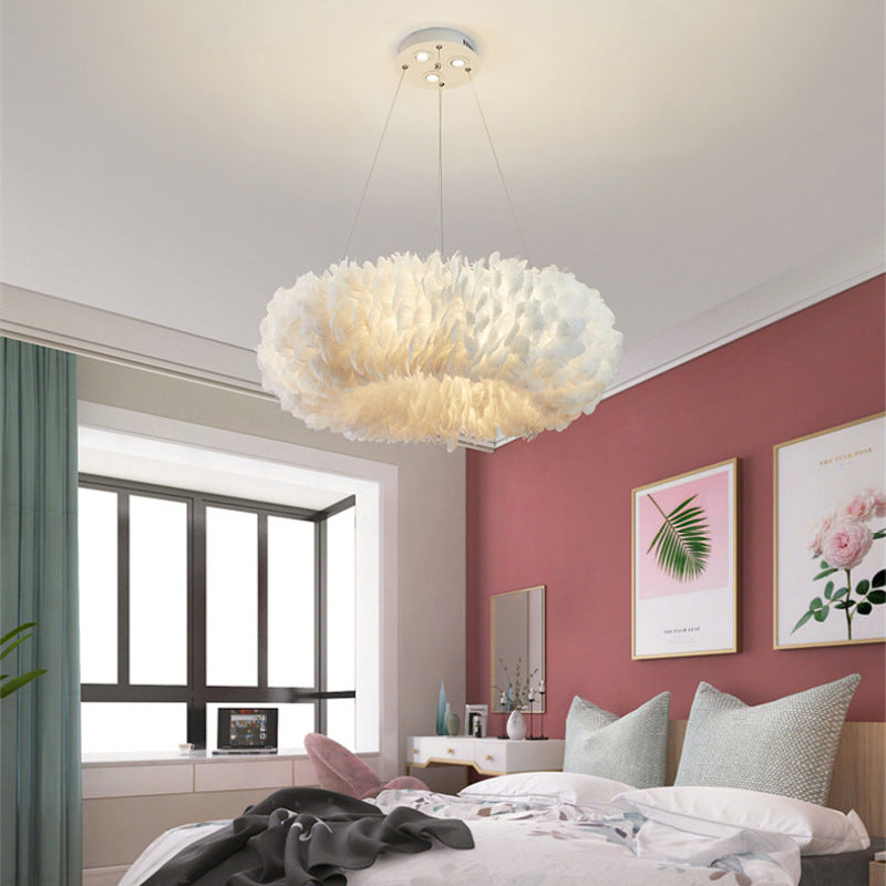 Libitun Romantic Ring Feather/Metal Pendant Light, Natural Ostrich