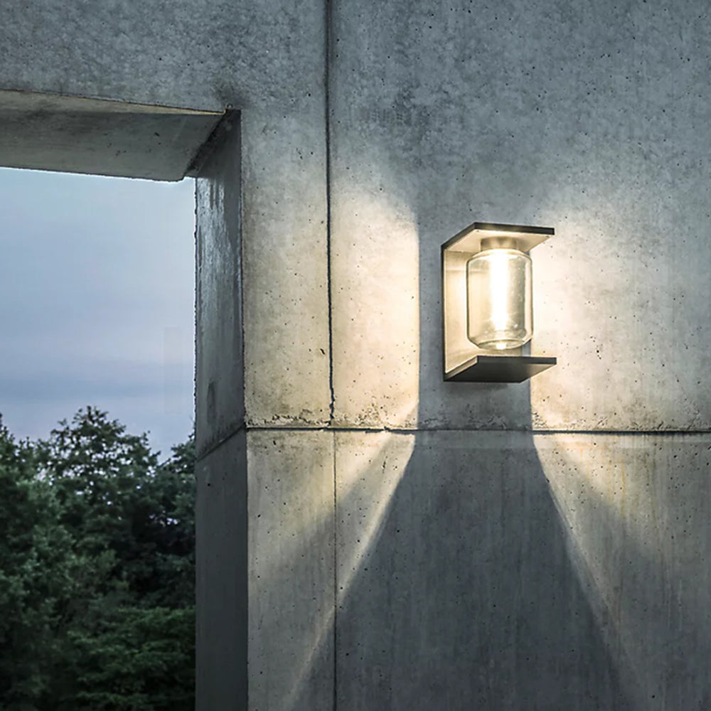 Revaker Modern Rectangular Metal/Glass Lantern Solar Outdoor Waterproof Wall Lamp，Black/Grey