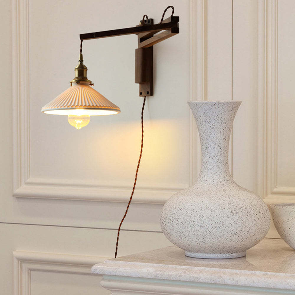 Cilepim Vintage Dome Ceramic/Wood Wall Lamp, Walnut/Wood/Clear