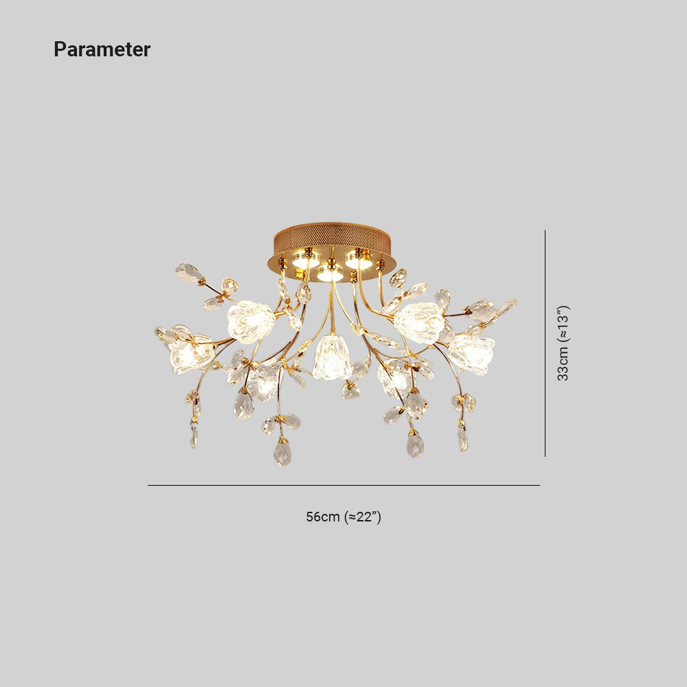 Tokibet Art Deco Elegant Golden Crystal Flower Flush Mount Ceiling Light