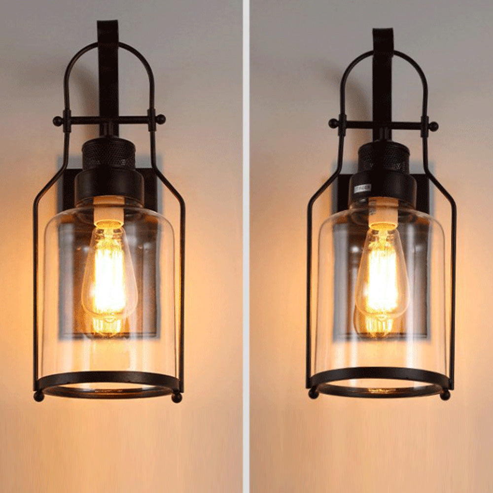 Fekutos Vintage Lantern Glass/Metal Wall Lamp, Black/Rusty