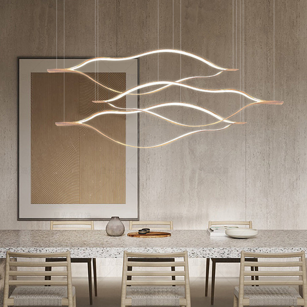 Kasusal LED Linear Minimalist Wave Golden Leaf Shaped Pendant Light