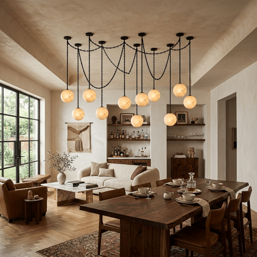 Elarion Industrial Alabaster Orb Chain Chandelier