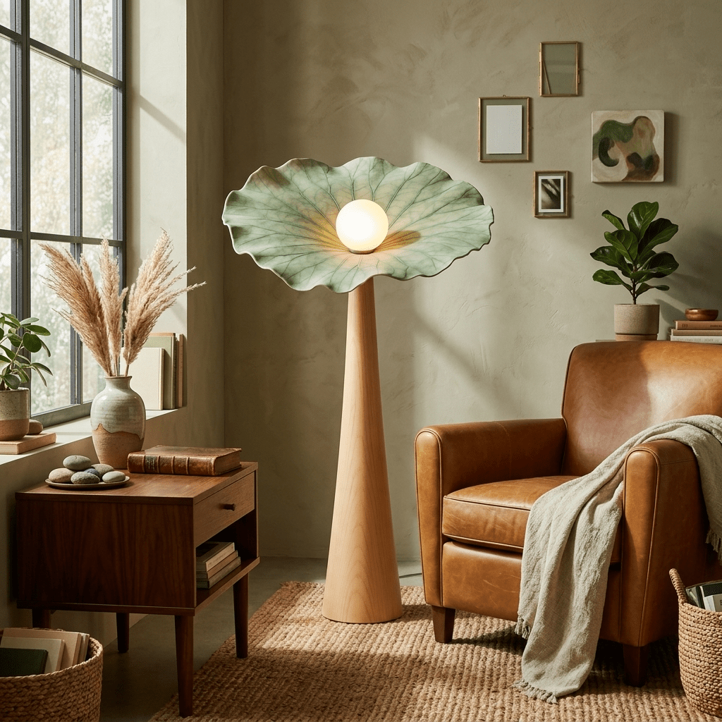 Noroielle Lotus Veil Woodgrain Floor Lamp