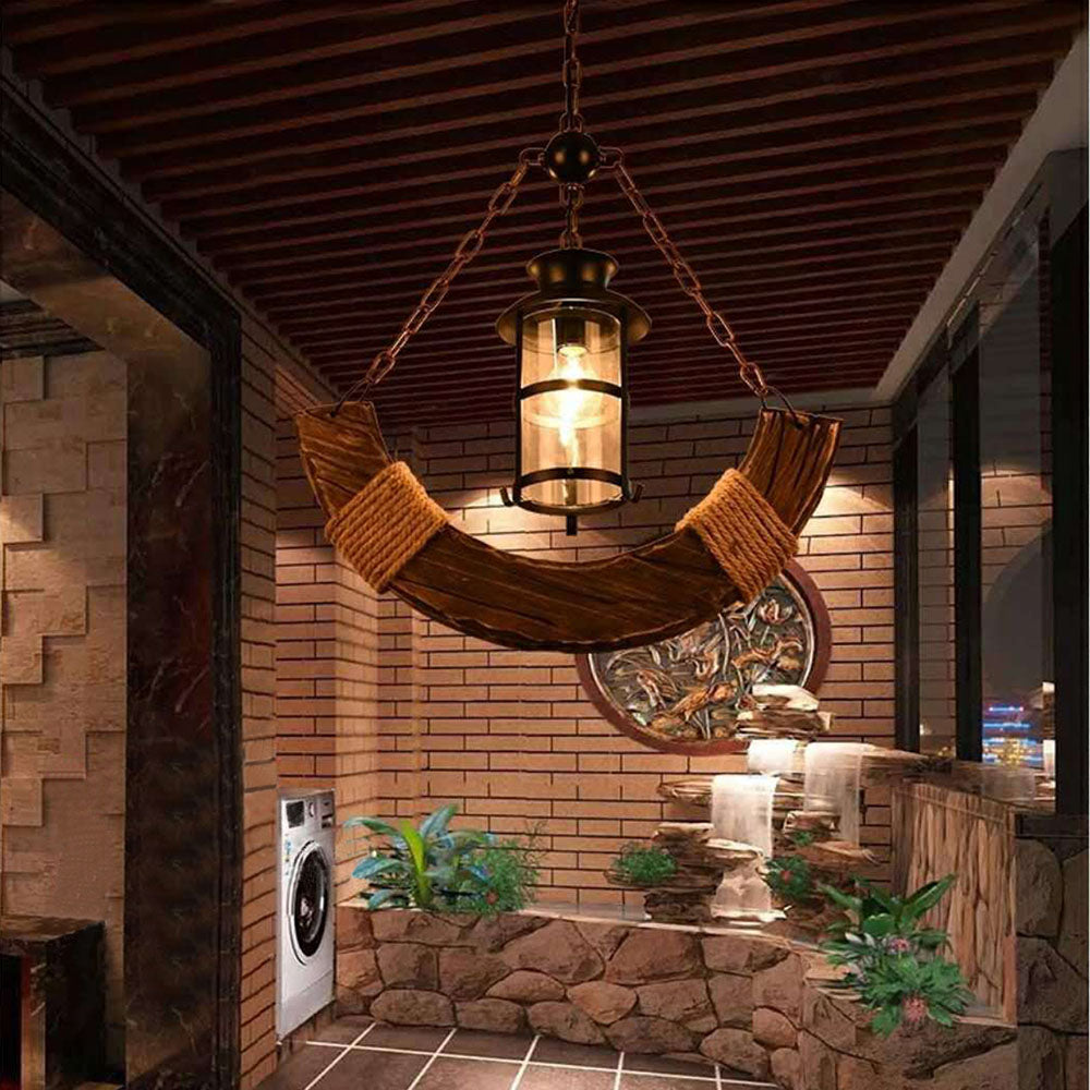 Vubunel Retro Rustic Arc Metal/Wood Lantern Glass Pendant Light