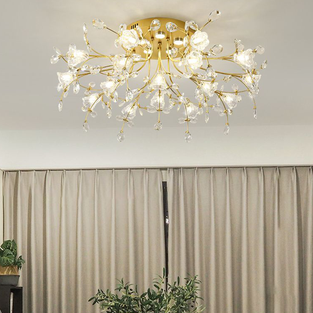 Tokibet Art Deco Elegant Golden Crystal Flower Flush Mount Ceiling Light