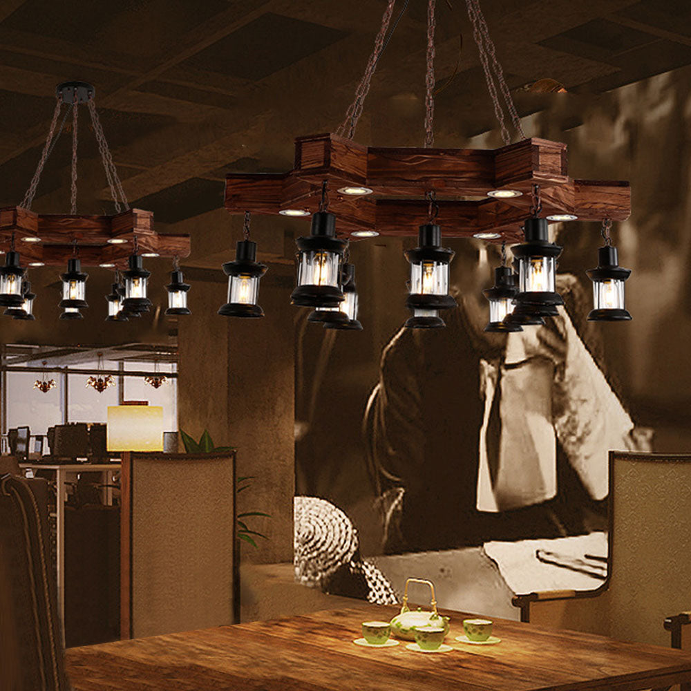 Cemobok Retro Metal/Wood Lantern Pendant Light, Walnut