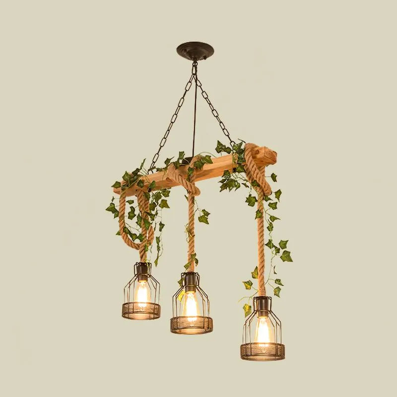 Mepenoru Caged Vintage Farmhouse Wood Beam Pendant Light 3/5 Heads