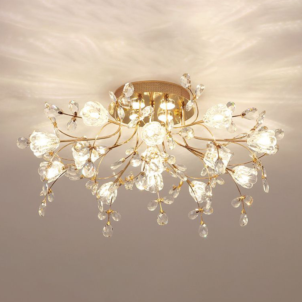 Tokibet Art Deco Elegant Golden Crystal Flower Flush Mount Ceiling Light