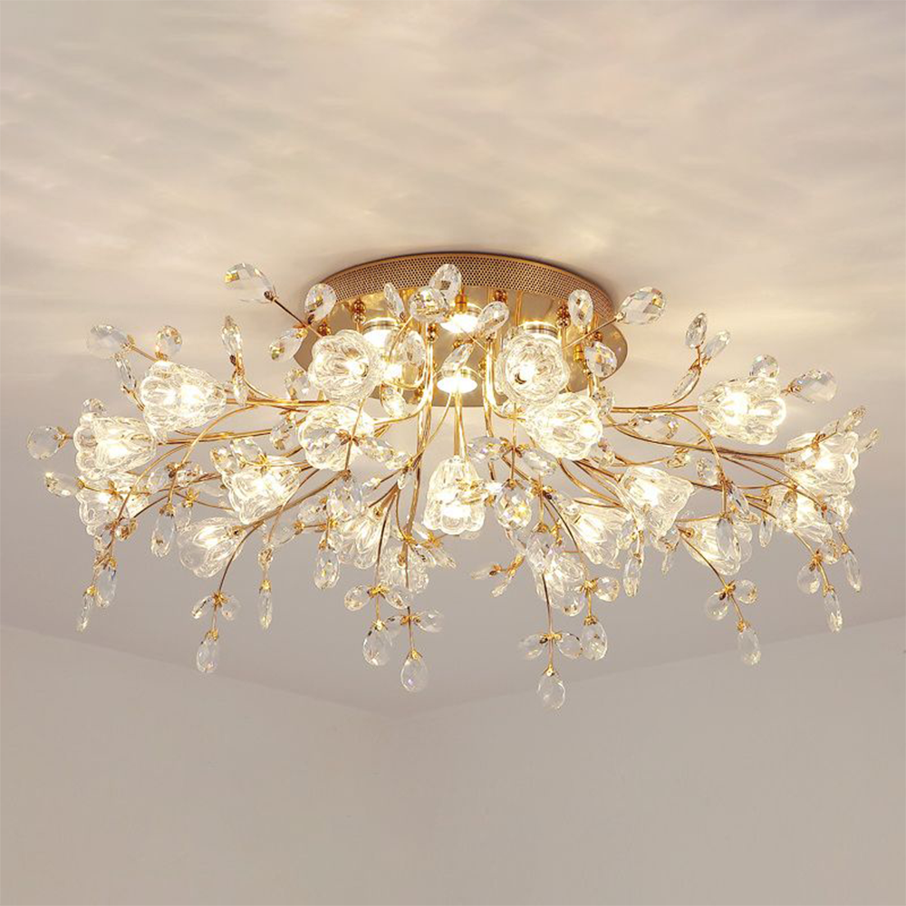 Tokibet Art Deco Elegant Golden Crystal Flower Flush Mount Ceiling Light