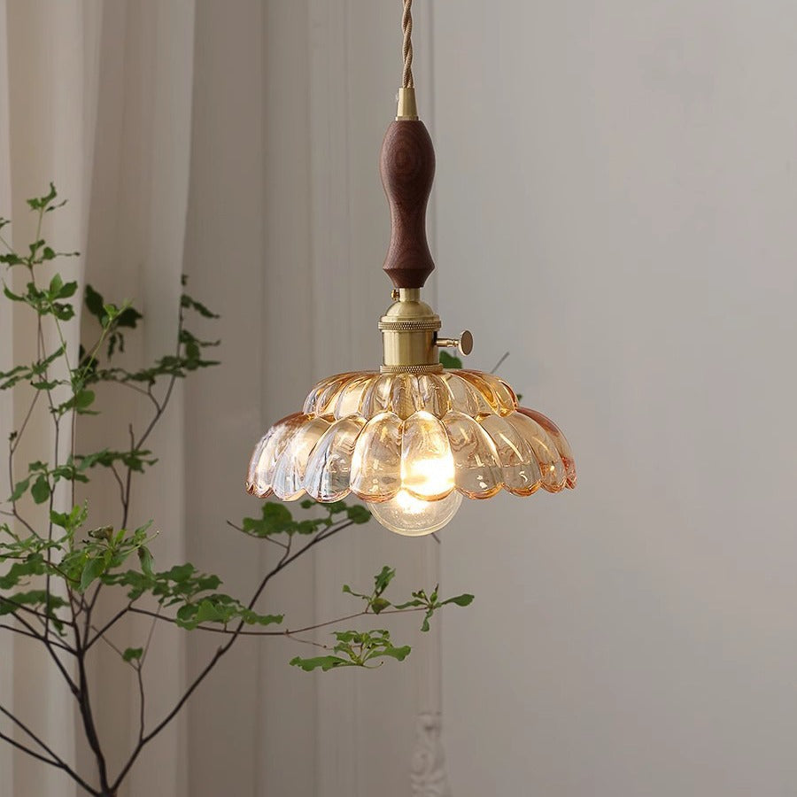 Kosanese Modern LED Pendant Light Wooden Handle Metal Glass Bedroom