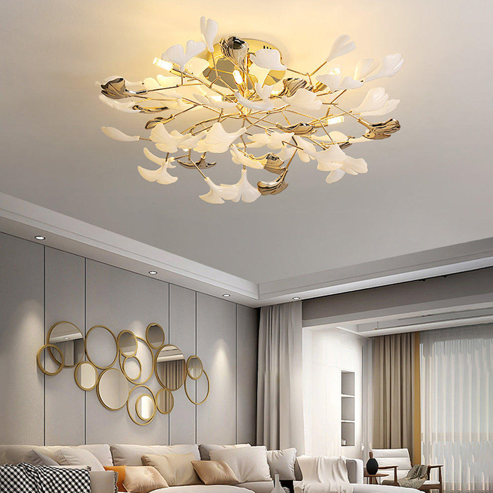 Tugikem Elegant Leaf Ceramic/Metal Flush Mount Ceiling Light, Gold