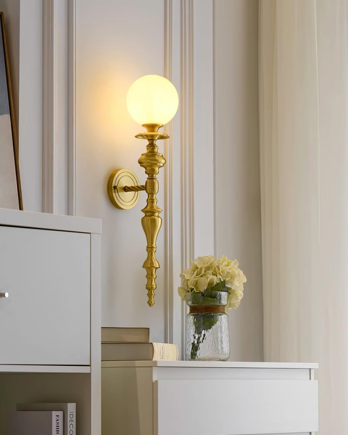Wall Lamp Sculpted Brass Body Globe Shade Classic Elegant Statement