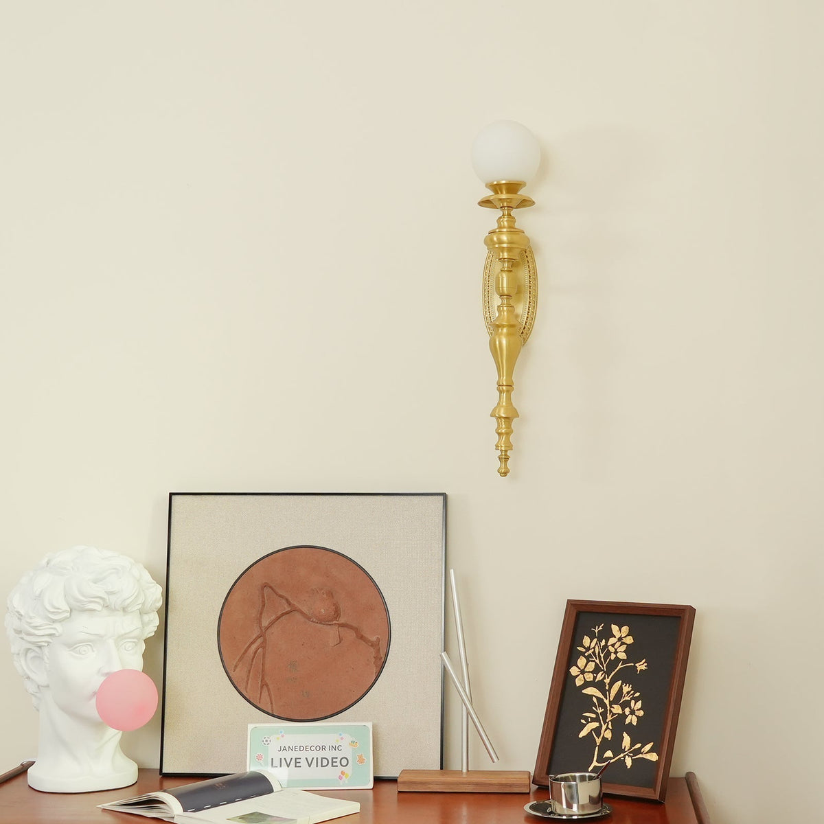 Wall Lamp Sculpted Brass Body Globe Shade Classic Elegant Statement